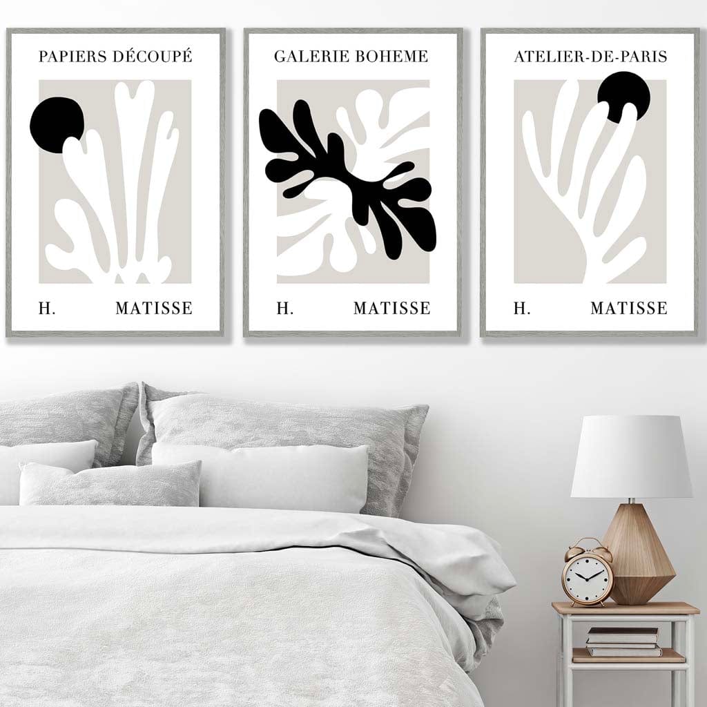 Matisse Floral Cut Out Style Set of 3 Wall Art Prints in Black & Beige