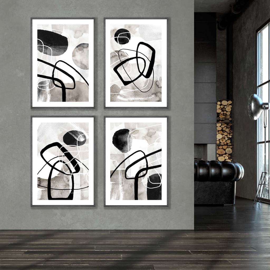 A Set of 4 Black and White Abstract Wall Art in Dark grey Wooden Frames featuring watercolour shapes