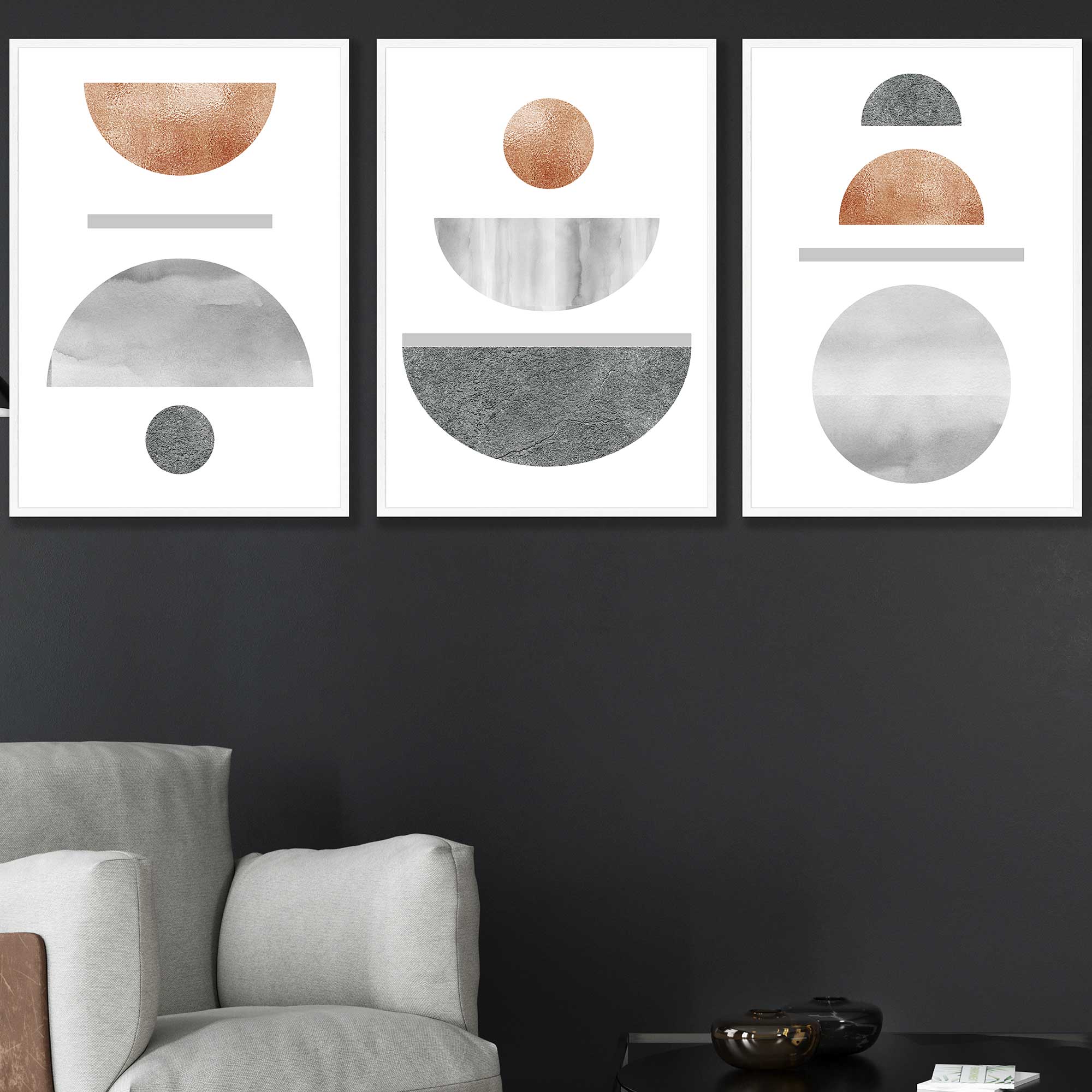 Grey's and Copper Textured Geometric Art Prints