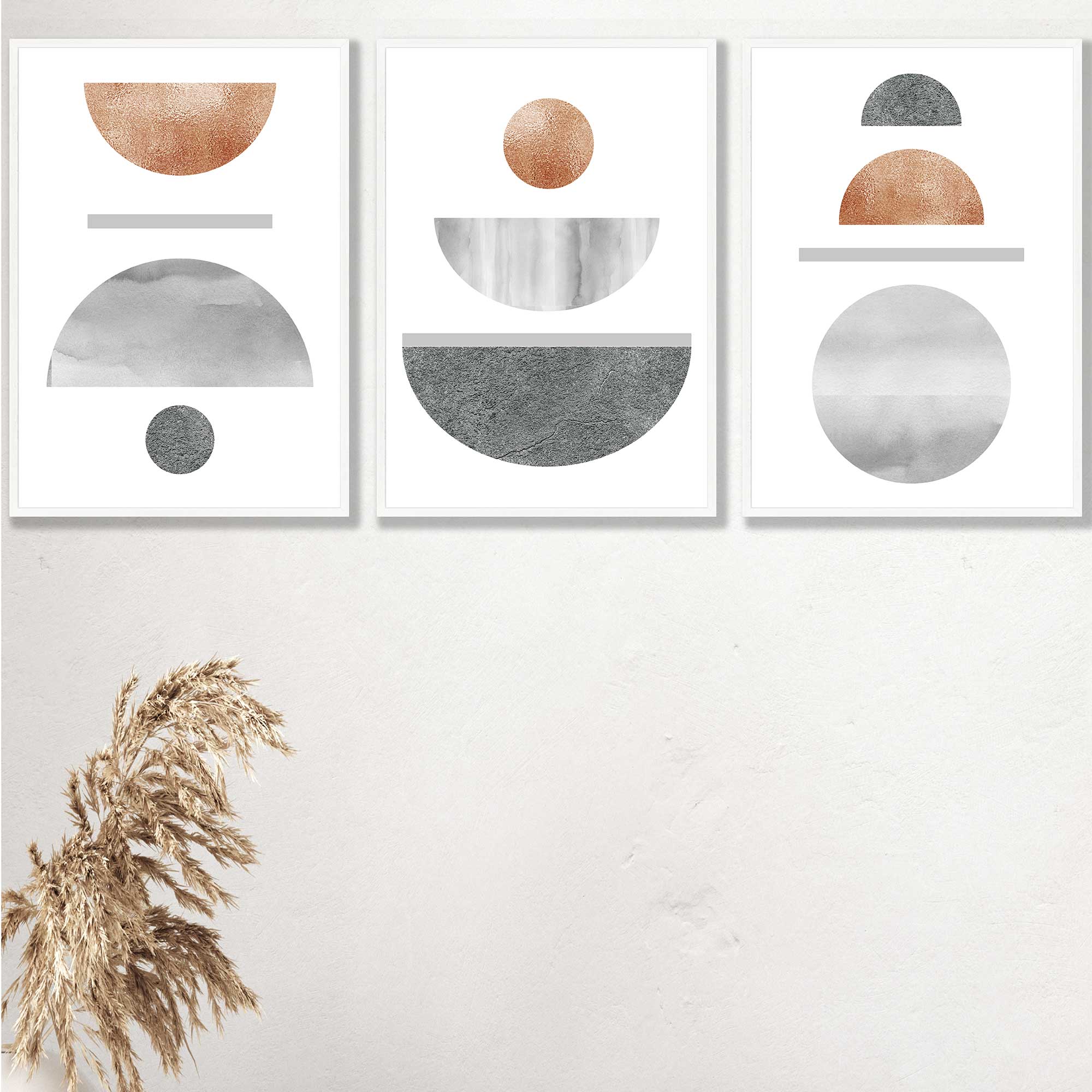 Grey's and Copper Textured Geometric Art Prints