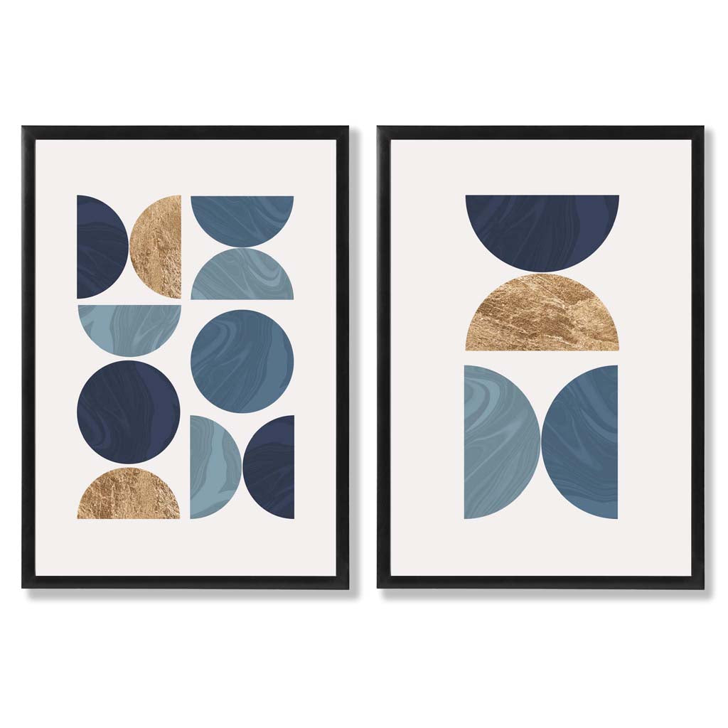 Blue and Gold Mid Century Geometric Set of 2 Art Prints with Black Frame