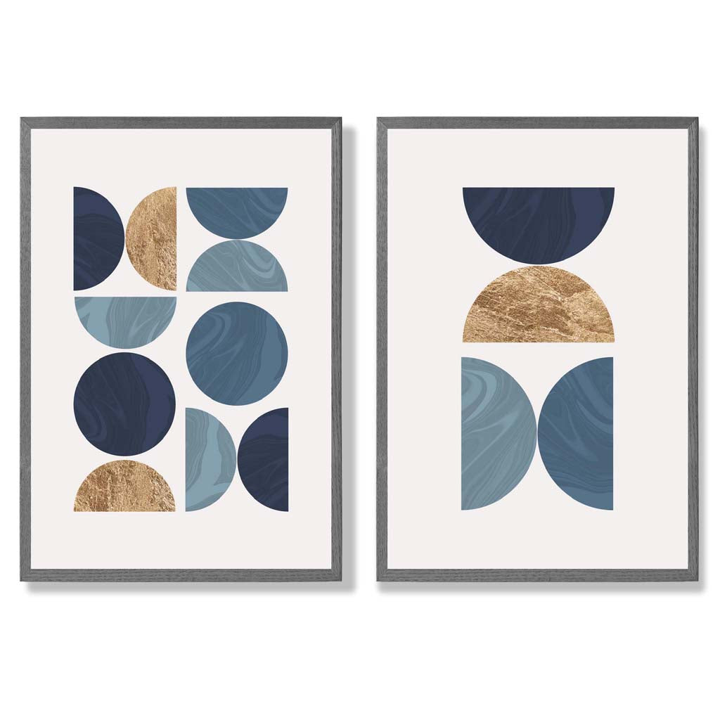 Blue and Gold Mid Century Geometric Set of 2 Art Prints with Dark Grey Frame