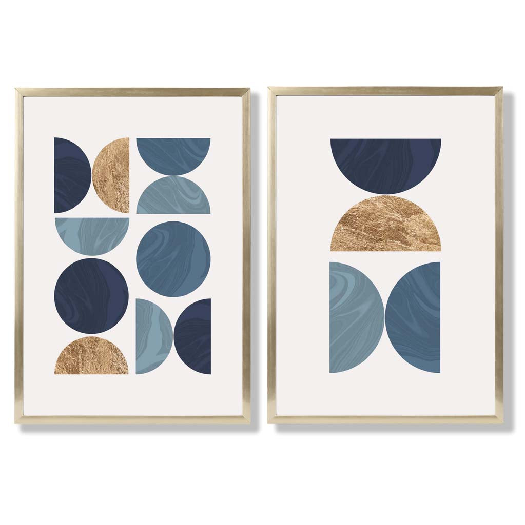 Blue and Gold Mid Century Geometric Set of 2 Art Prints with Gold Frame