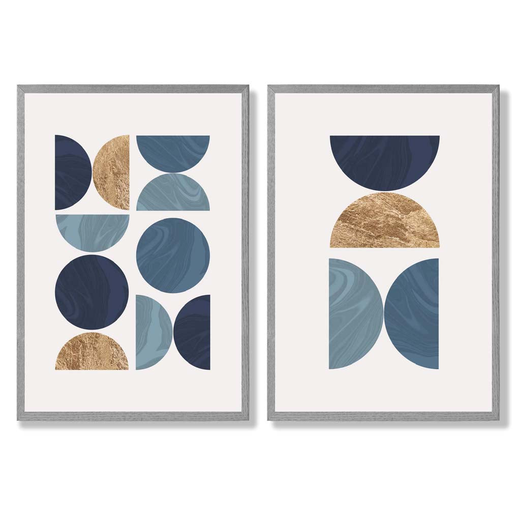 Blue and Gold Mid Century Geometric Set of 2 Art Prints with Light Grey Frame