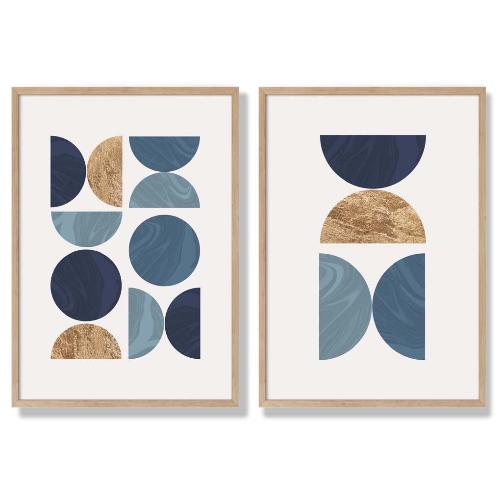 Blue and Gold Mid Century Geometric Set of 2 Art Prints with Oak Frame