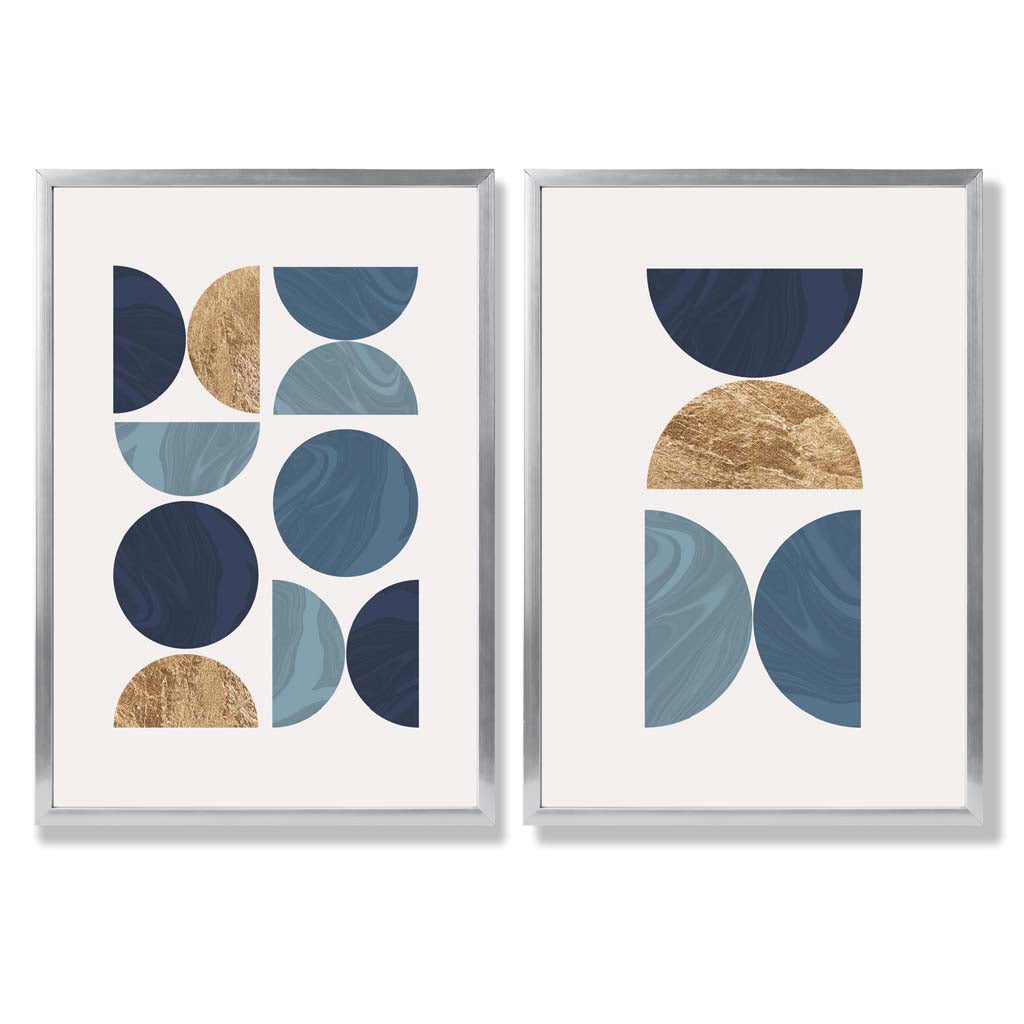 Blue and Gold Mid Century Geometric Set of 2 Art Prints with Silver Frame