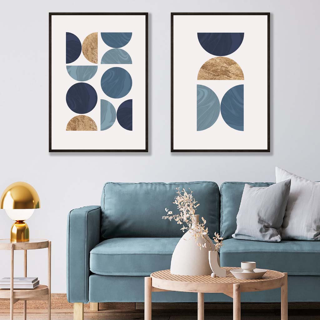 Blue and Gold Mid Century Geometric Posters | Artze Wall Art UK