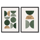 Sage Green and Gold Mid Century Geometric Set of 2 Art Prints with Black Frame