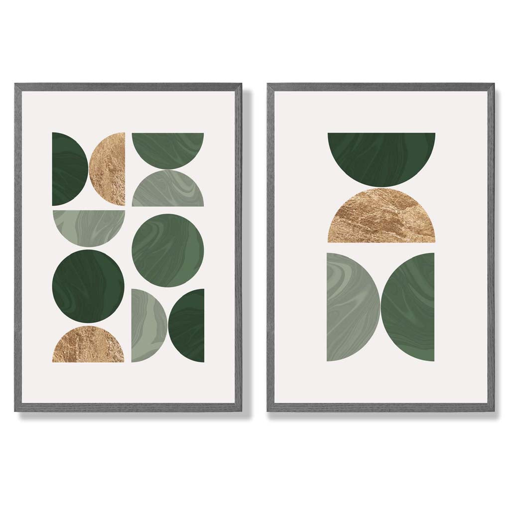 Sage Green and Gold Mid Century Geometric Set of 2 Art Prints with Dark Grey Frame