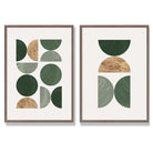 Sage Green and Gold Mid Century Geometric Set of 2 Art Prints with Walnut Frame