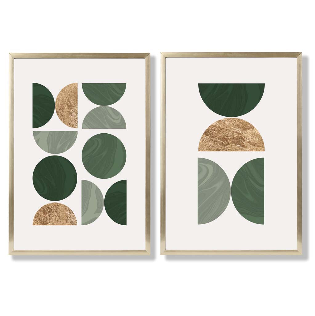 Sage Green and Gold Mid Century Geometric Set of 2 Art Prints with Gold Frame