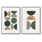 Sage Green and Gold Mid Century Geometric Set of 2 Art Prints with Light Grey Frame