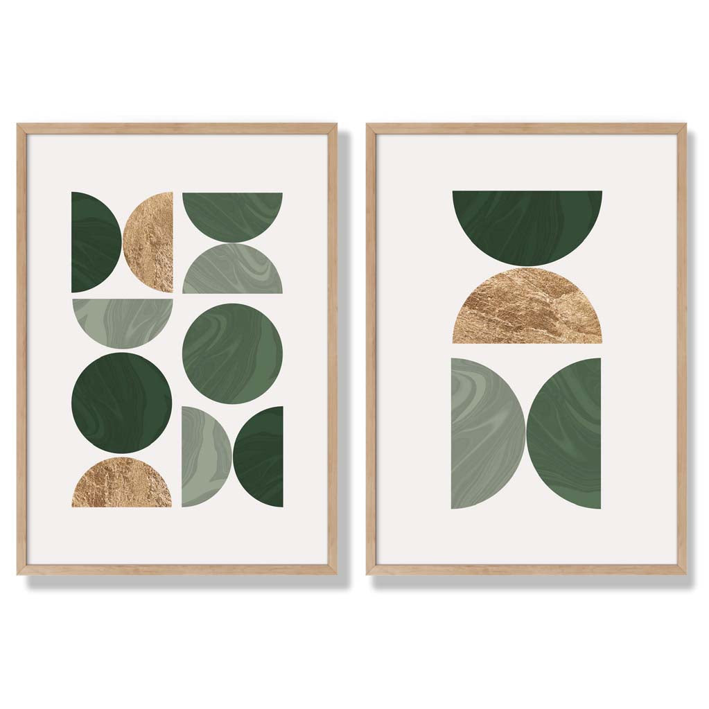Sage Green and Gold Mid Century Geometric Set of 2 Art Prints with Oak Frame