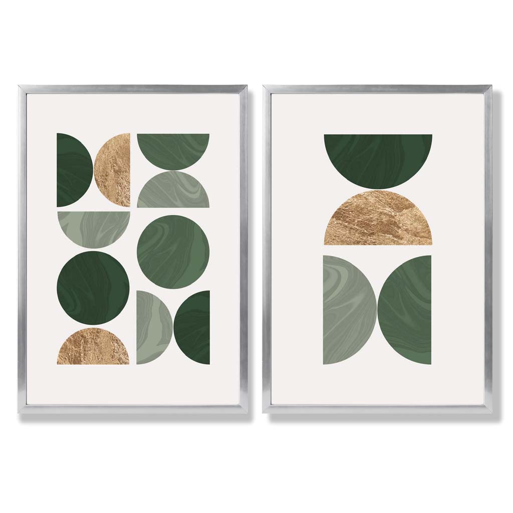 Sage Green and Gold Mid Century Geometric Set of 2 Art Prints with Silver Frame