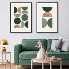 Set of 2 Sage Green and Gold Mid Century Geometric Prints | Artze Wall Art UK