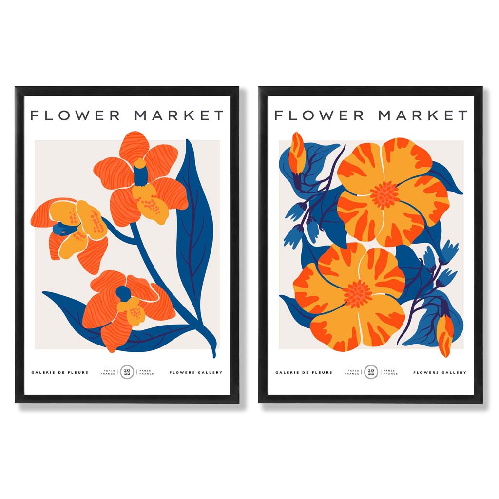 Bright Orange and Blue Spring Flower Market Set of 2 Art Prints with Black Frame
