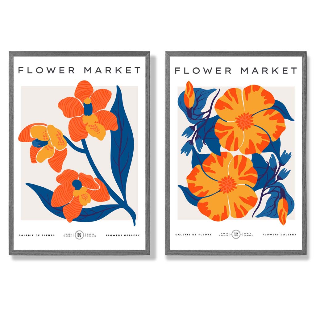 Bright Orange and Blue Spring Flower Market Set of 2 Art Prints with Dark Grey Frame