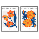 Bright Orange and Blue Spring Flower Market Set of 2 Art Prints with Dark Grey Frame