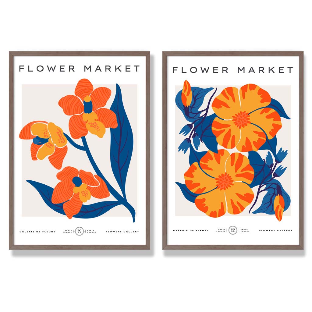 Bright Orange and Blue Spring Flower Market Set of 2 Art Prints with Walnut Frame