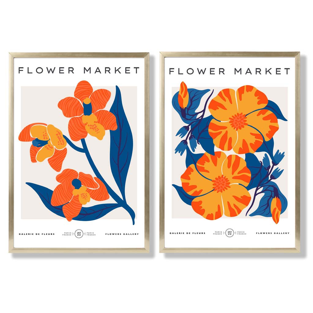 Bright Orange and Blue Spring Flower Market Set of 2 Art Prints with Gold Frame
