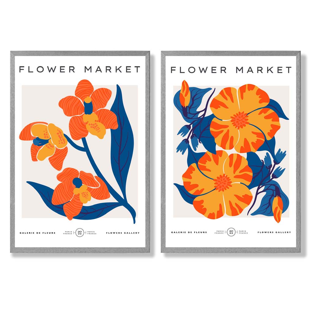 Bright Orange and Blue Spring Flower Market Set of 2 Art Prints with Light Grey Frame
