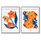 Bright Orange and Blue Spring Flower Market Set of 2 Art Prints with Light Grey Frame