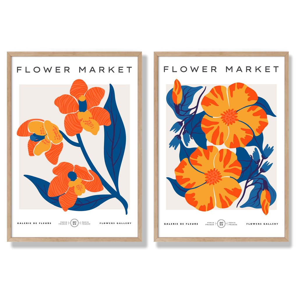 Bright Orange and Blue Spring Flower Market Set of 2 Art Prints with Oak Frame