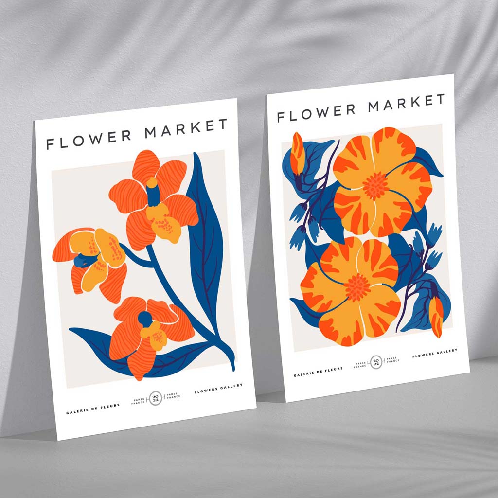 Bright Orange and Blue Spring Flower Market Set of 2 Art Prints