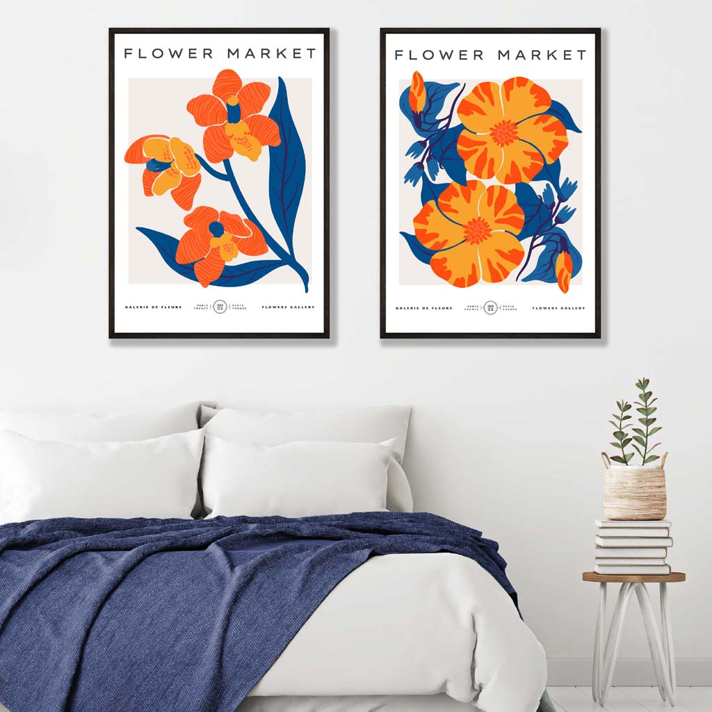 Set of 2 Bright Orange and Blue Spring Flower Art Prints | Artze Wall Art UK