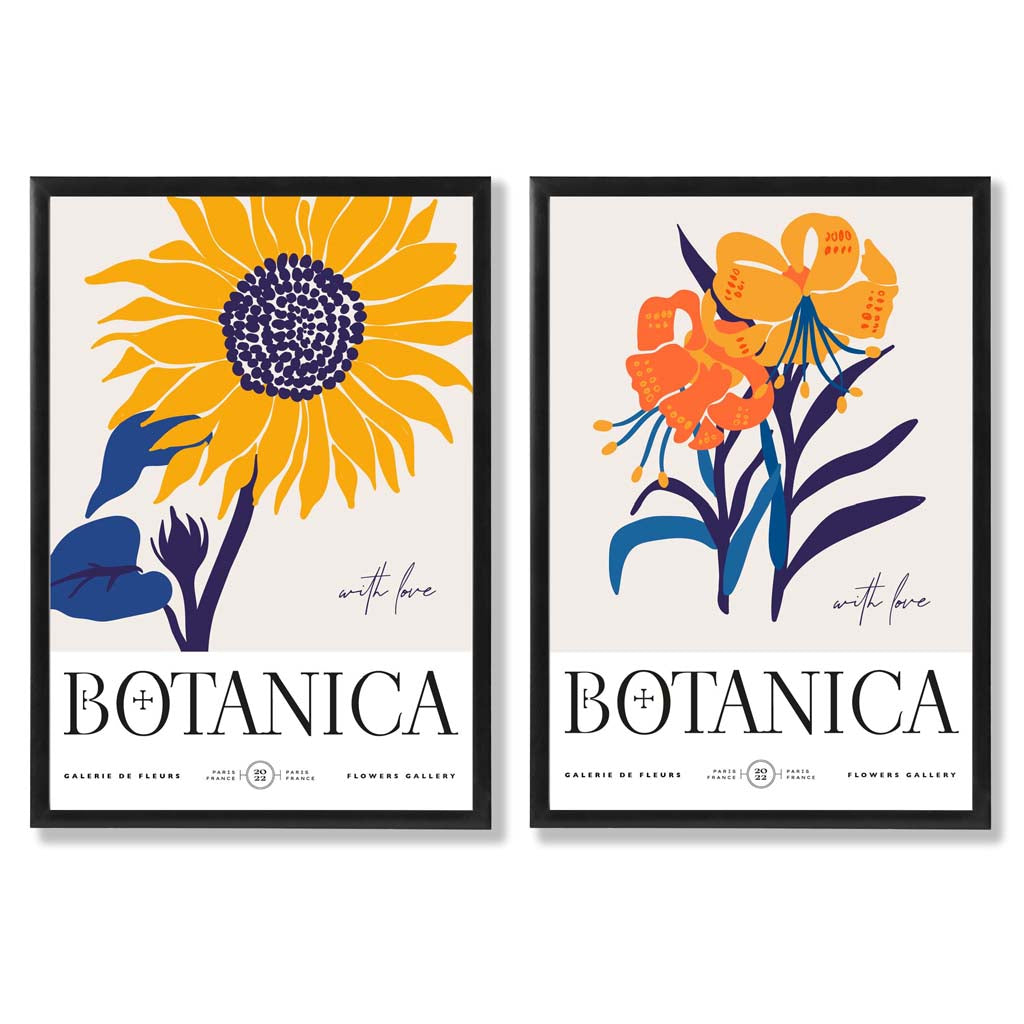 Blue and Yellow Summer Flower Market Set of 2 Art Prints with Black Frame