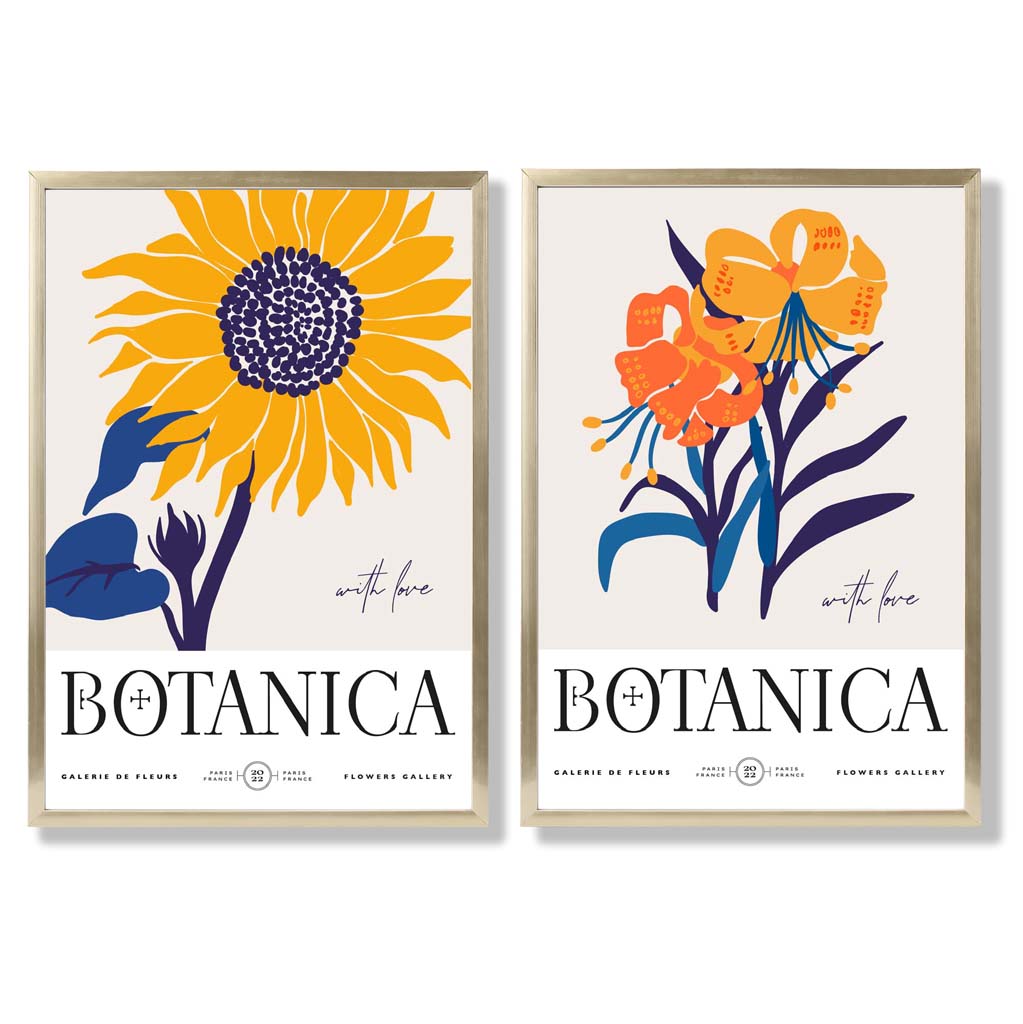 Blue and Yellow Summer Flower Market Set of 2 Art Prints with Gold Frame