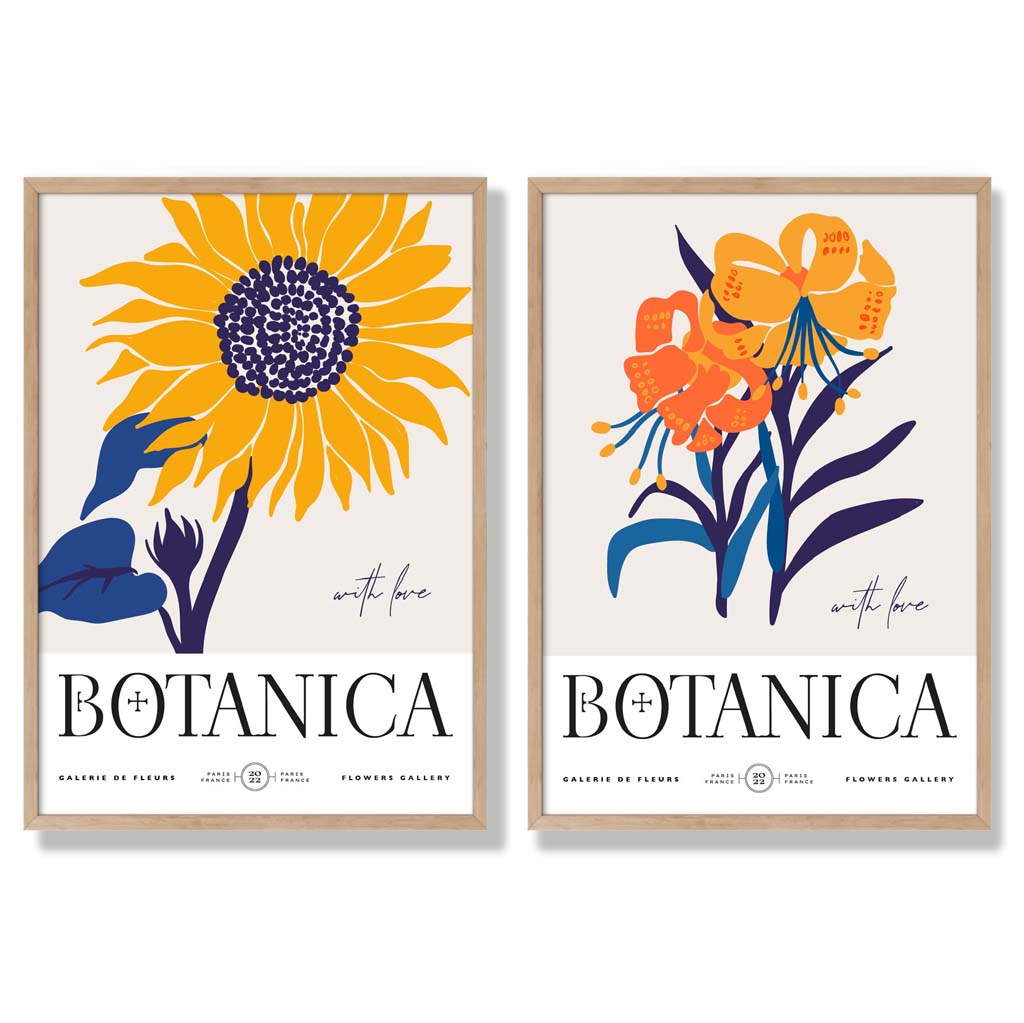Blue and Yellow Summer Flower Market Set of 2 Art Prints with Oak Frame