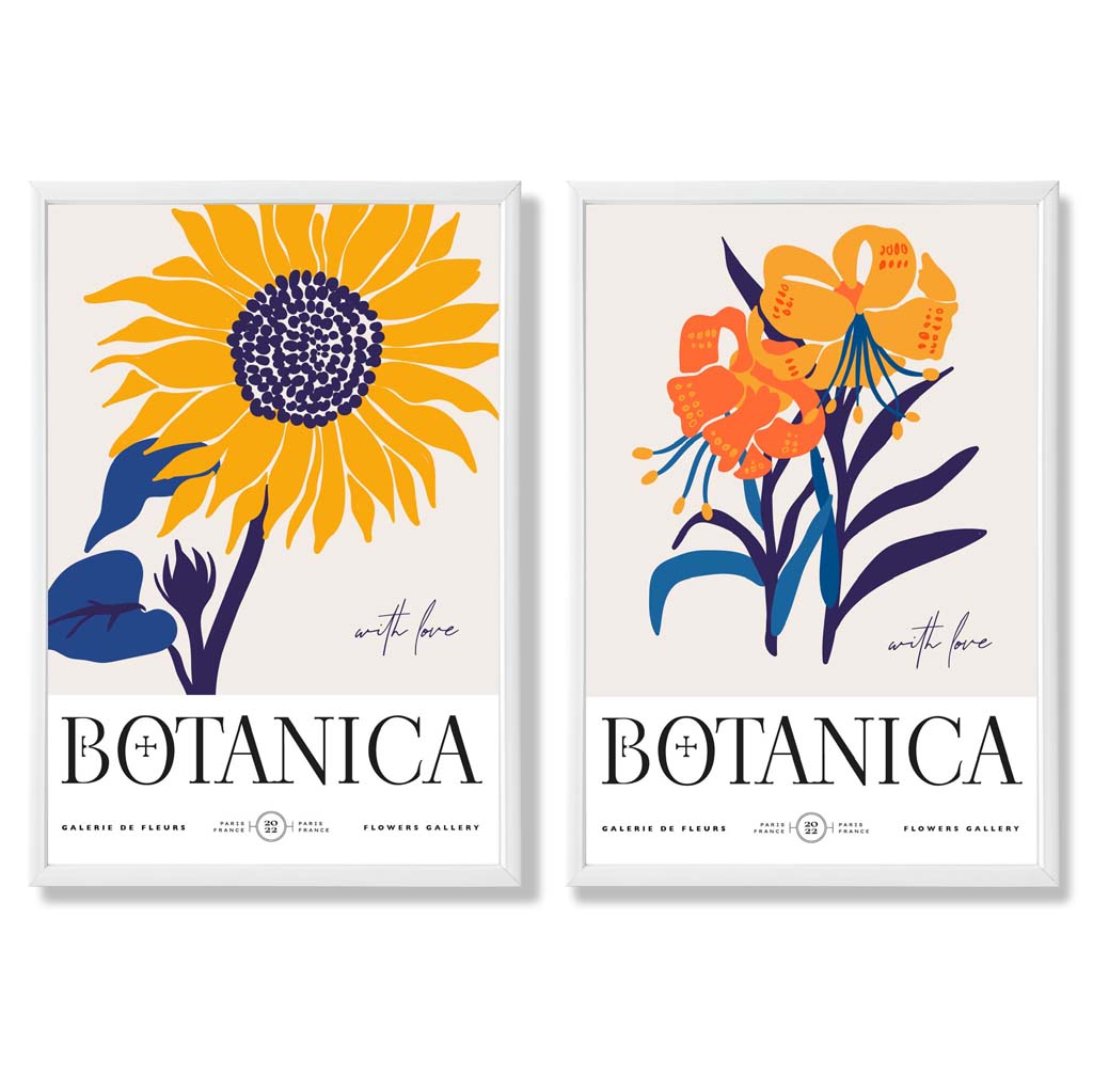 Blue and Yellow Summer Flower Market Set of 2 Art Prints with White Frame