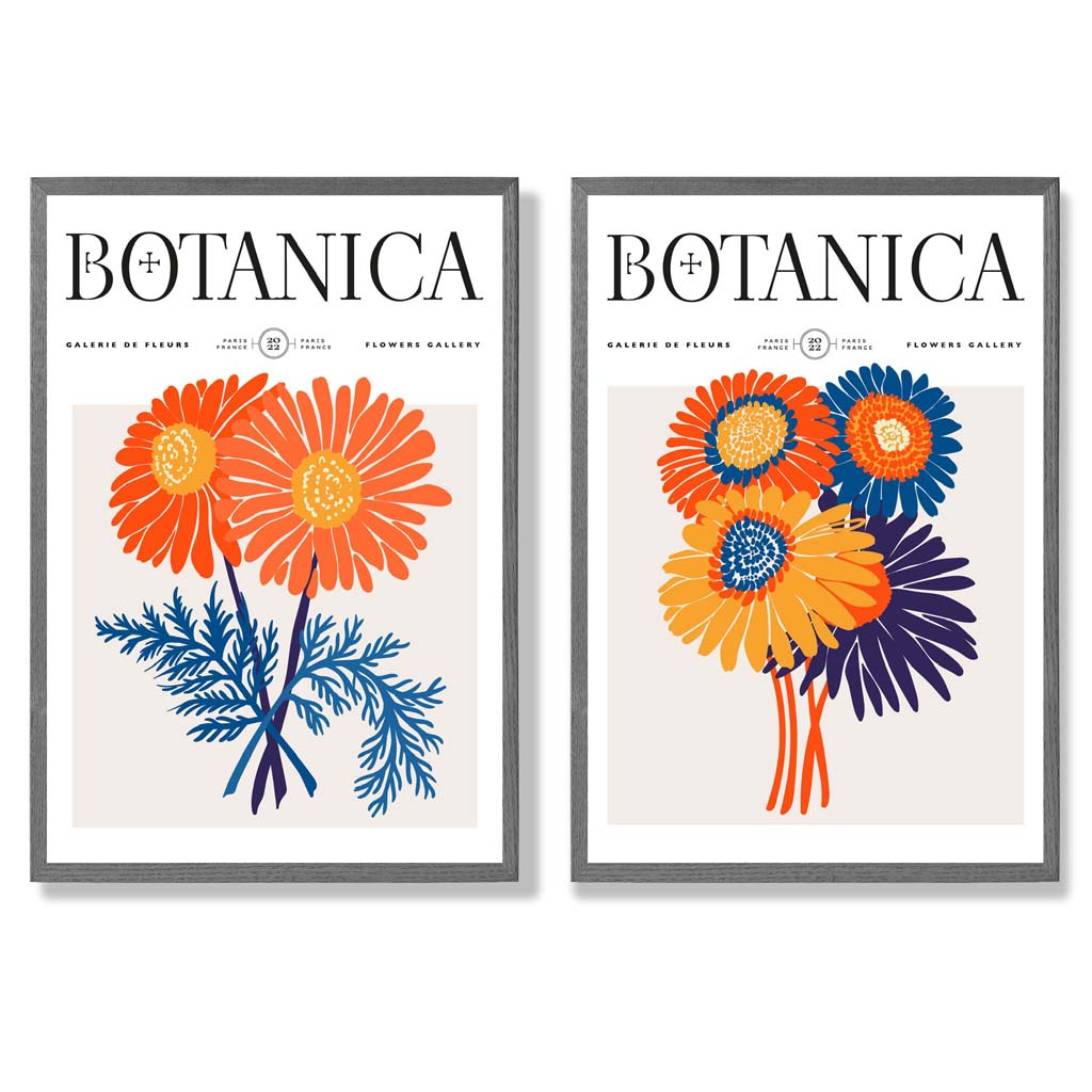 Bright Orange and Blue Summer Flower Market Set of 2 Art Prints with Dark Grey Frame