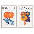 Bright Orange and Blue Summer Flower Market Set of 2 Art Prints with Walnut Frame