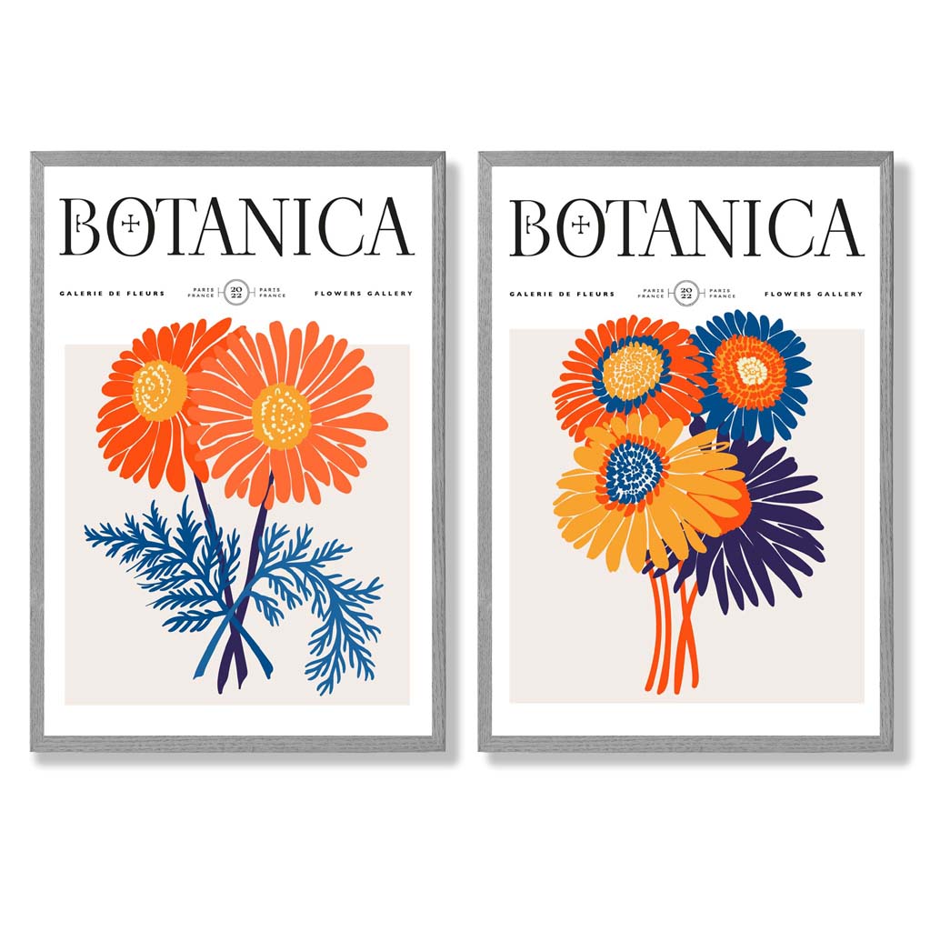 Bright Orange and Blue Summer Flower Market Set of 2 Art Prints with Light Grey Frame