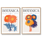 Bright Orange and Blue Summer Flower Market Set of 2 Art Prints with Oak Frame