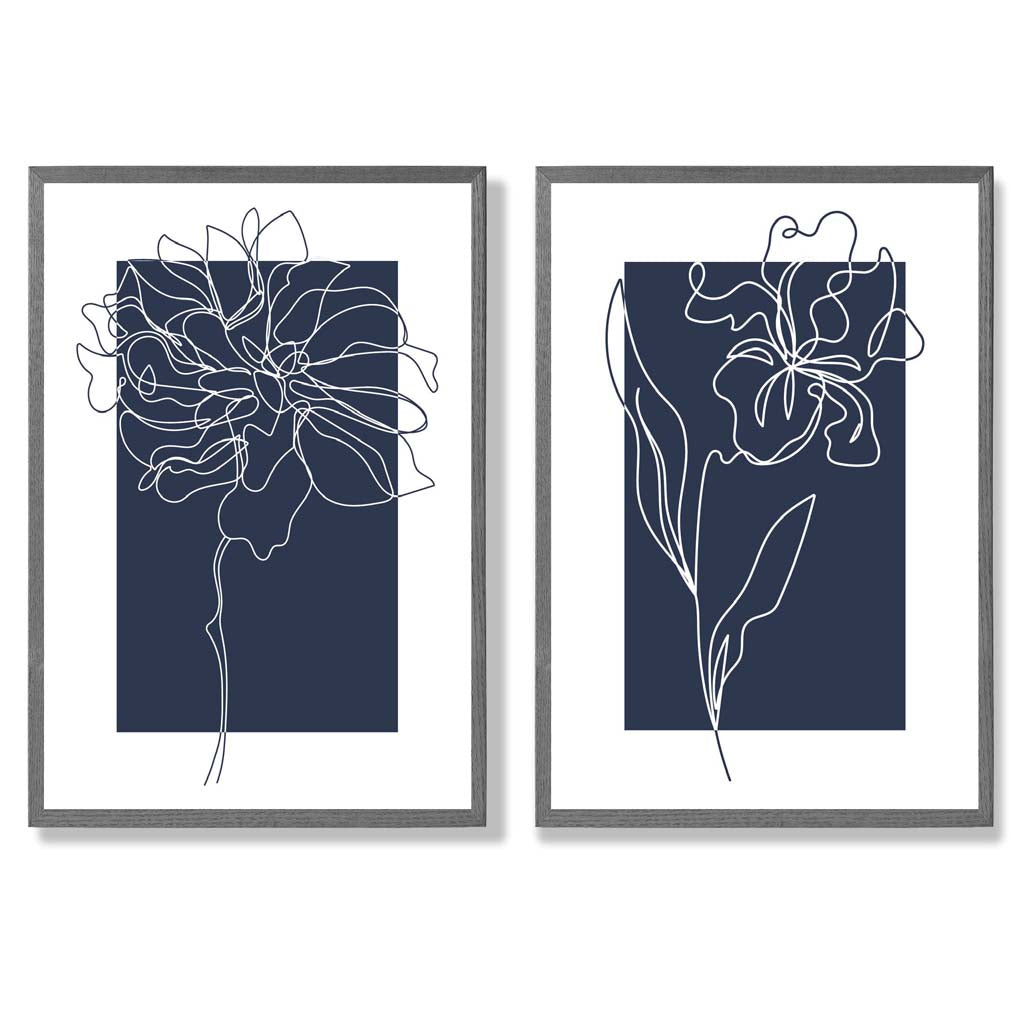 Navy Blue Line Art Flower Sketch Set of 2 Art Prints with Dark Grey Frame