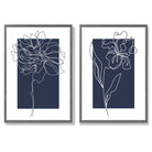 Navy Blue Line Art Flower Sketch Set of 2 Art Prints with Dark Grey Frame