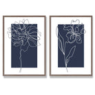 Navy Blue Line Art Flower Sketch Set of 2 Art Prints with Walnut Frame