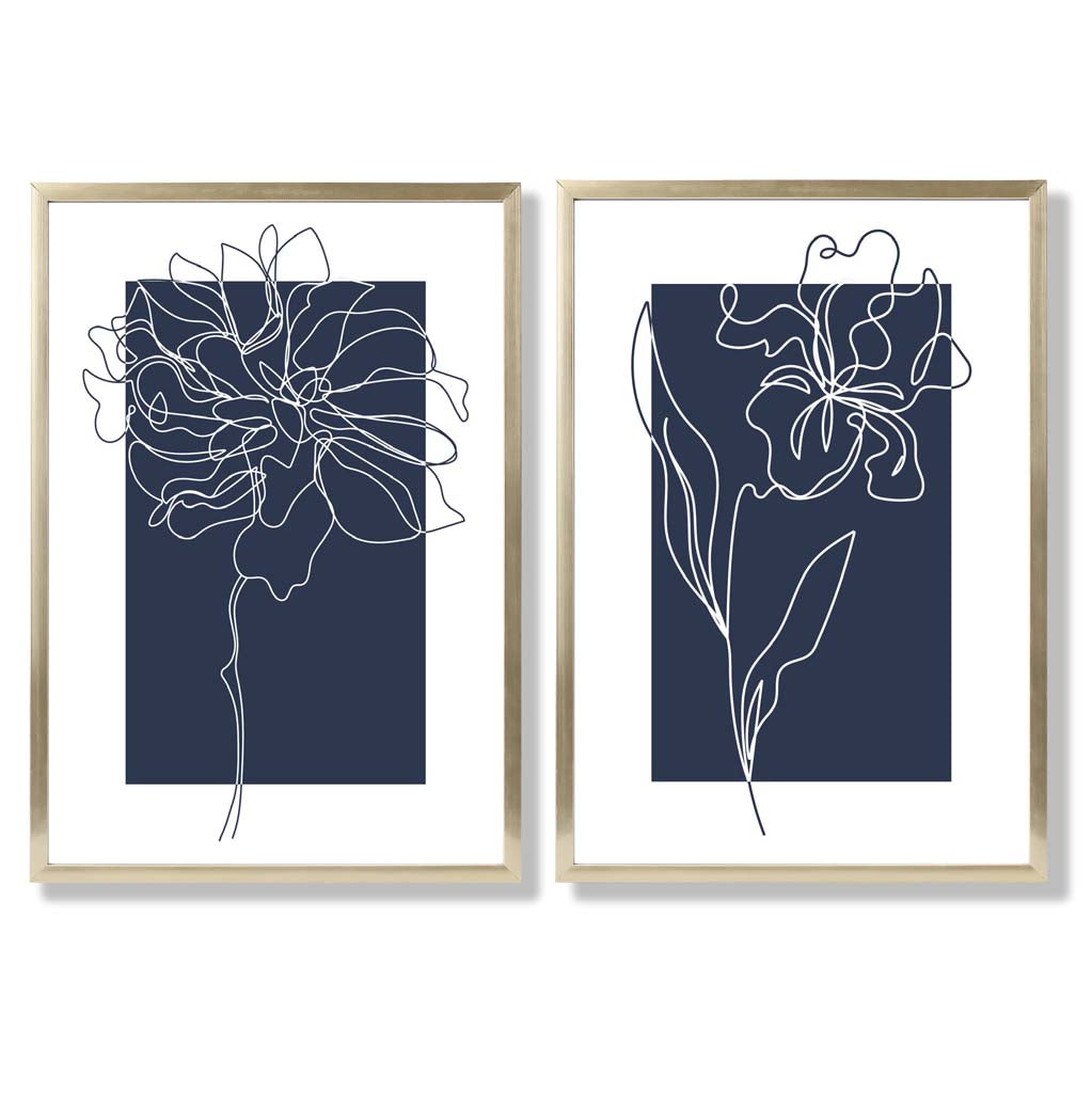 Navy Blue Line Art Flower Sketch Set of 2 Art Prints with Gold Frame