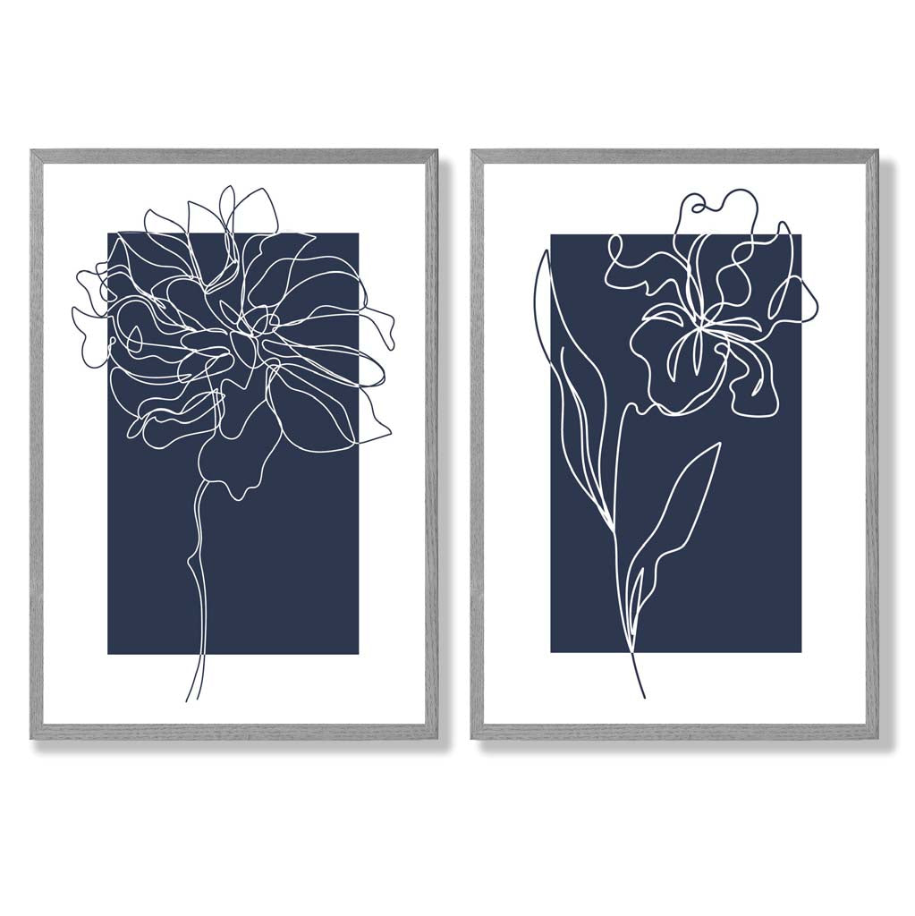 Navy Blue Line Art Flower Sketch Set of 2 Art Prints with Light Grey Frame
