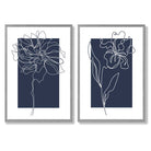 Navy Blue Line Art Flower Sketch Set of 2 Art Prints with Light Grey Frame