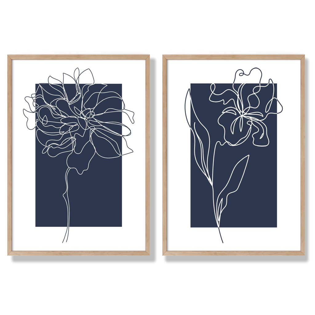 Navy Blue Line Art Flower Sketch Set of 2 Art Prints with Oak Frame