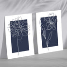 Navy Blue Line Art Flower Sketch Set of 2 Art Prints