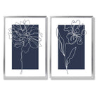 Navy Blue Line Art Flower Sketch Set of 2 Art Prints with Silver Frame