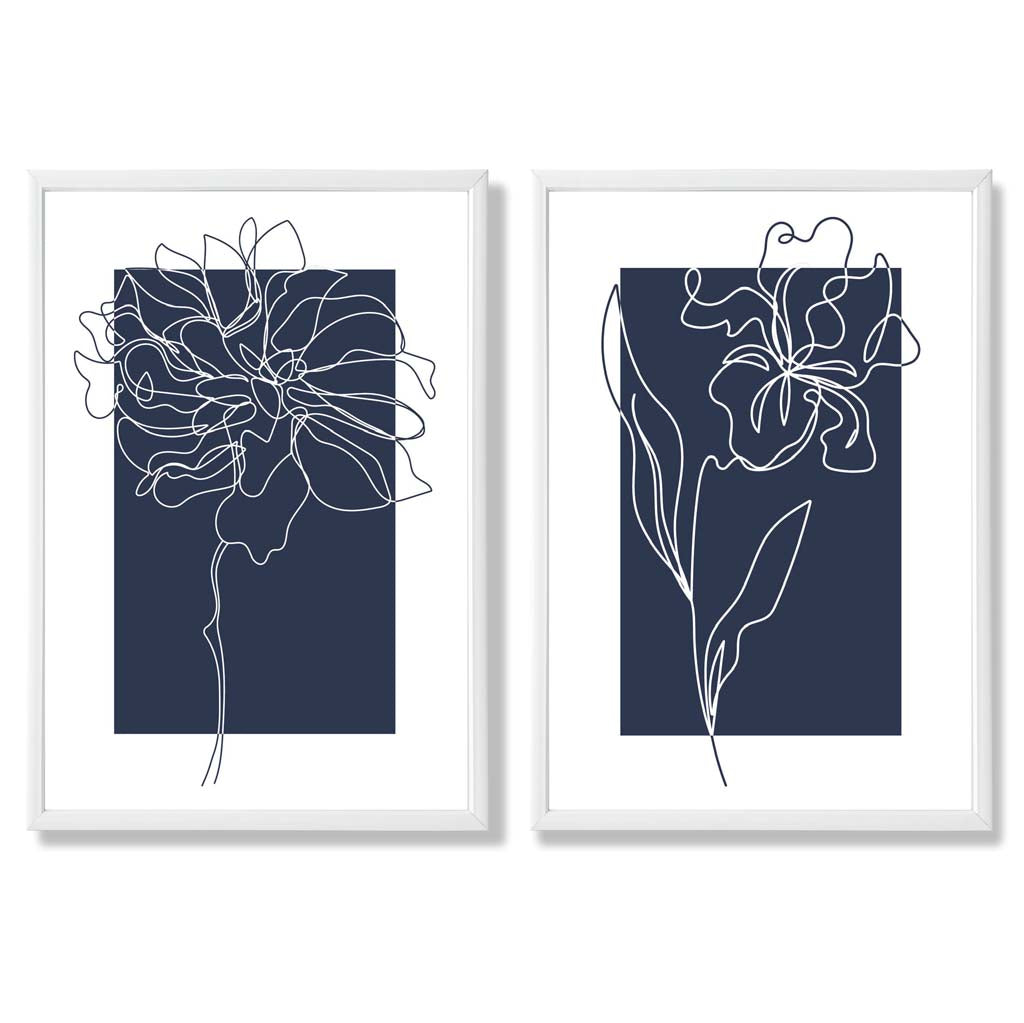 Navy Blue Line Art Flower Sketch Set of 2 Art Prints with White Frame
