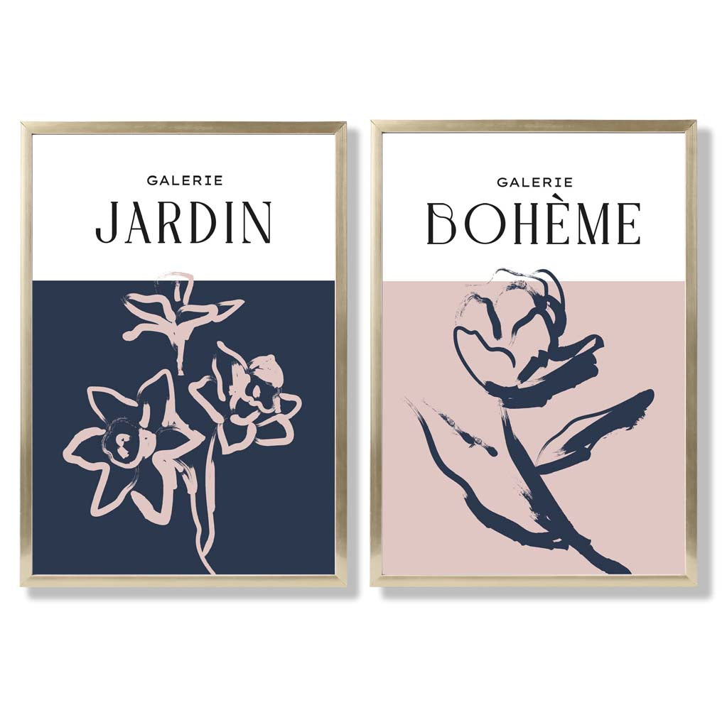 Navy and Blush Pink Minimal Floral Sketch Set of 2 Art Prints with Gold Frame