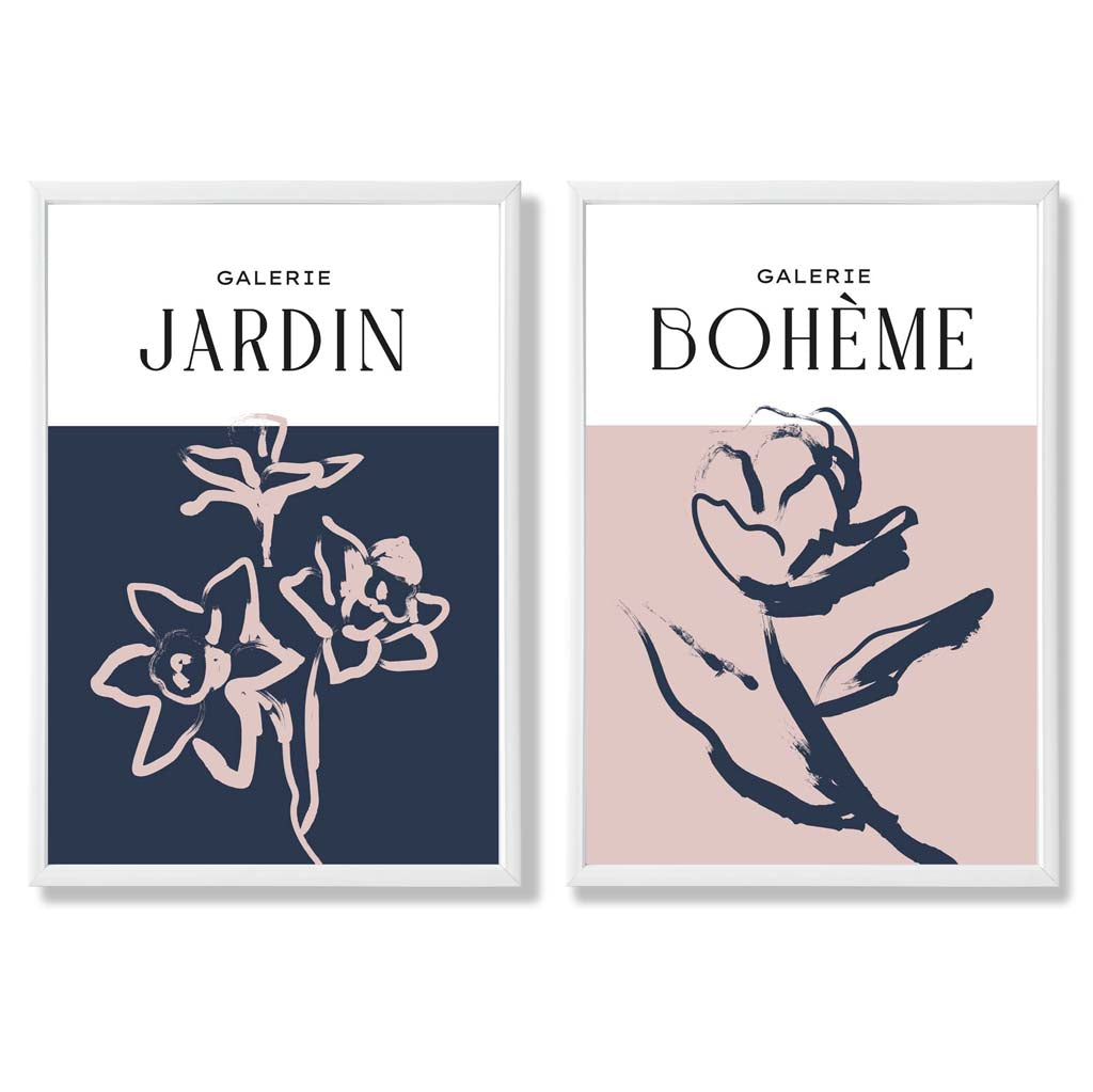 Navy and Blush Pink Minimal Floral Sketch Set of 2 Art Prints with White Frame
