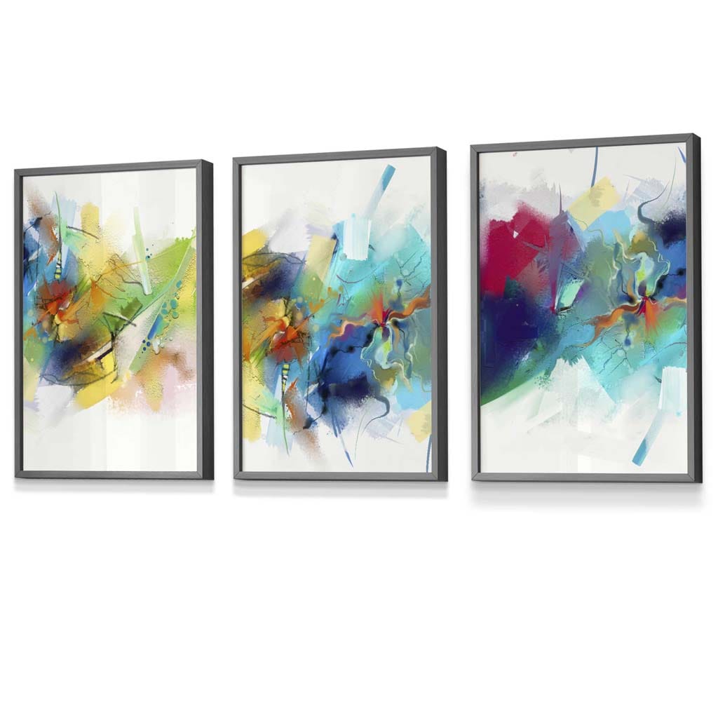 Set of 3 Abstract Multicolour Blue Pink Framed Wall Art Prints | Artze Wall Art UK